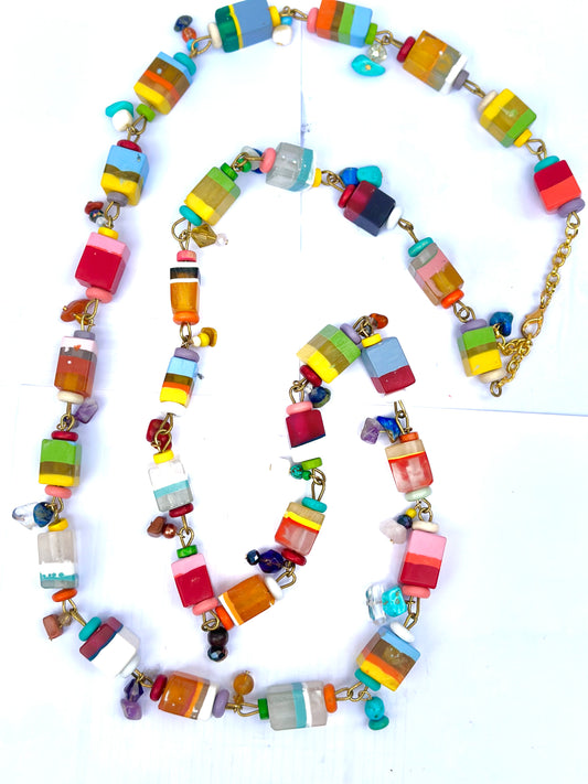 Exotic Multicolor Long Small Cube  Necklace