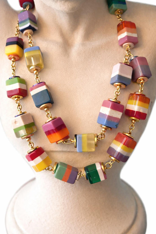 Exotic Multicolor Long Small Cube  Necklace